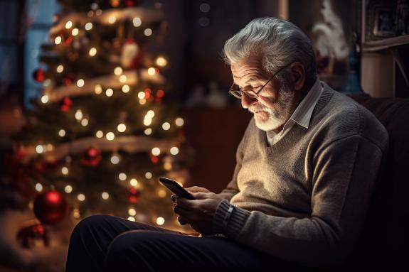 Eine ältere Person sitzt und schaut auf das Handy; im Hintergrund ein beleuchteter Weihnachtsbaum.