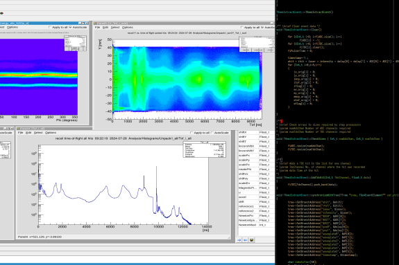 Links ein Screenshot der graphischen Oberfläche des Programms Go4 zur Auswertung von Zeitreihen von Messwerten; rechts ein Screenshot eines Quellcodeausschnitts des Plug-Ins, dass der Auswertung auf der linken Seite zugrunde liegt.