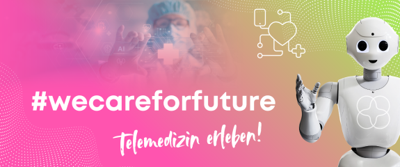 Ein Bild mit einem Roboter auf der rechten Seite, der freundlich lächelt und eine Hand hebt. Links im Bild steht in großer weißer Schrift der Hashtag ‘#wecareforfuture’ und darunter in pink-weißer Schrift der Text ‘Telemedizin erleben!’. Im Hintergrund ist ein Arzt in Schutzkleidung zu sehen, der virtuelle Symbole und medizinische Diagramme bedient.